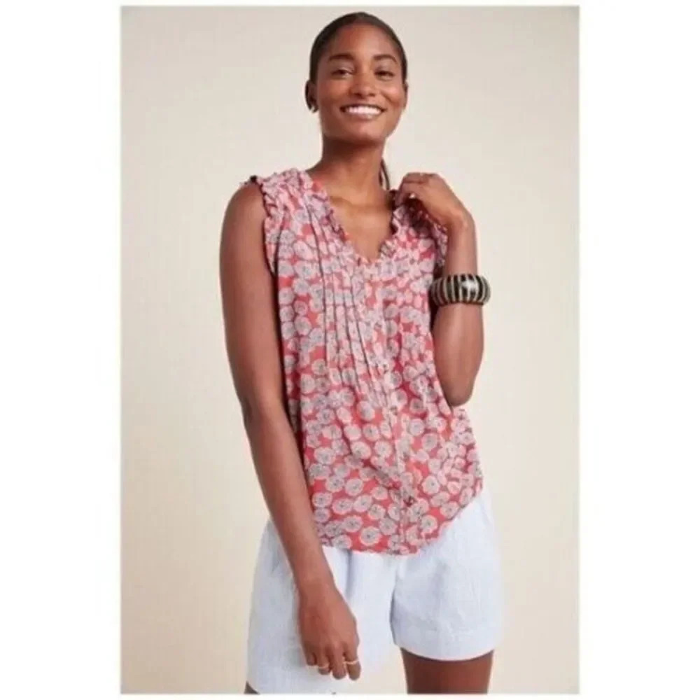 Anthropologie Maeve Rayna Red Floral Sleeveless Blouse 4